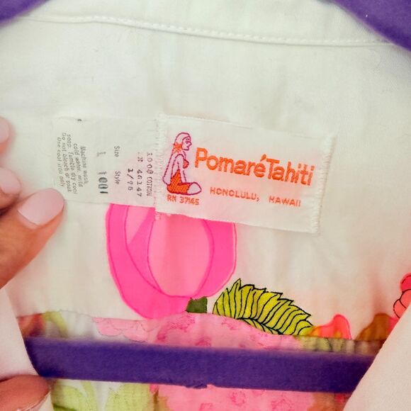 VTG Pomare Tahiti White Floral Hawaiian Shirt Short Sleeve Unisex Button Down L - Picture 4 of 6
